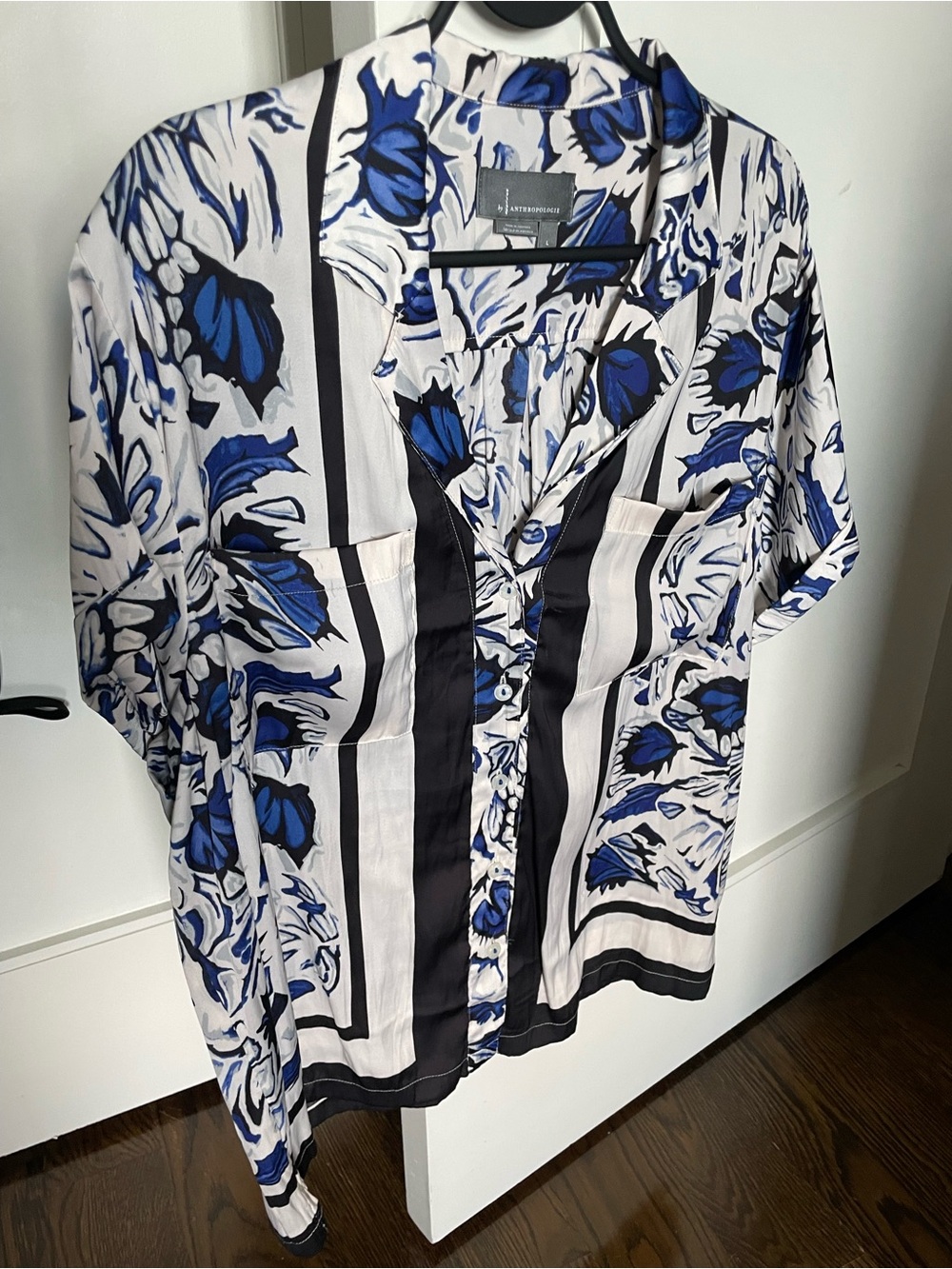 Anthropologie Blue, Black and White Floral Button-Front Blouse
